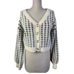 Aureum Fuzzy Houndstooth Grandma Cardigan Cropped Knit Sweater‎ Buttons Small